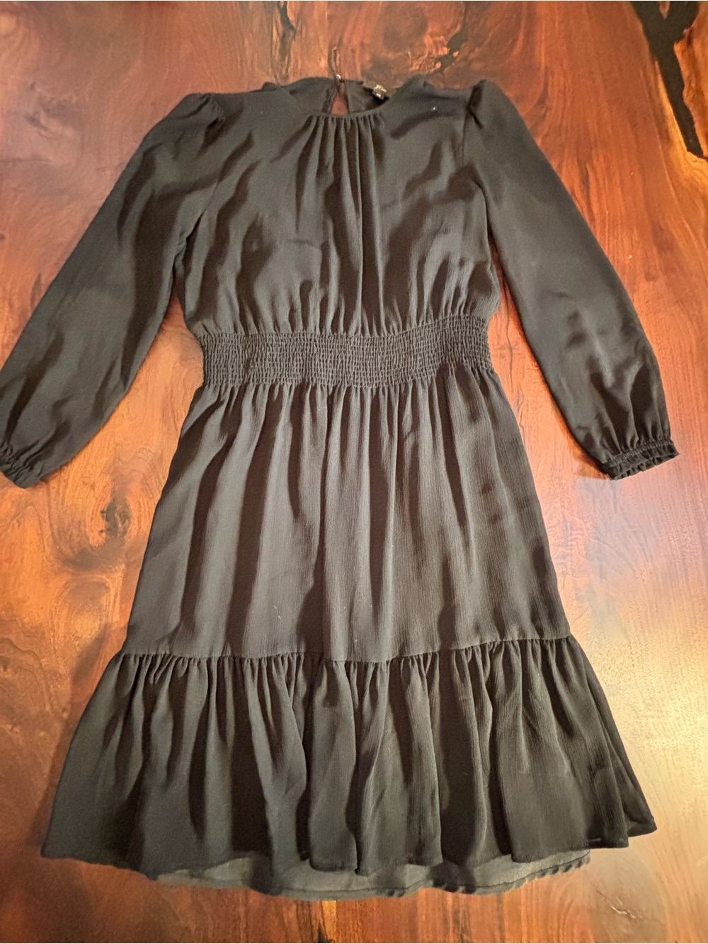 J. Crew Black Long-Sleeve Smocked-Waist Ruffled Hem Dress